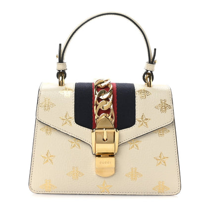 Gucci Textured Calfskin Bee Star Print Mini Sylvie Top Handle Bag Mystic White 1 of 11