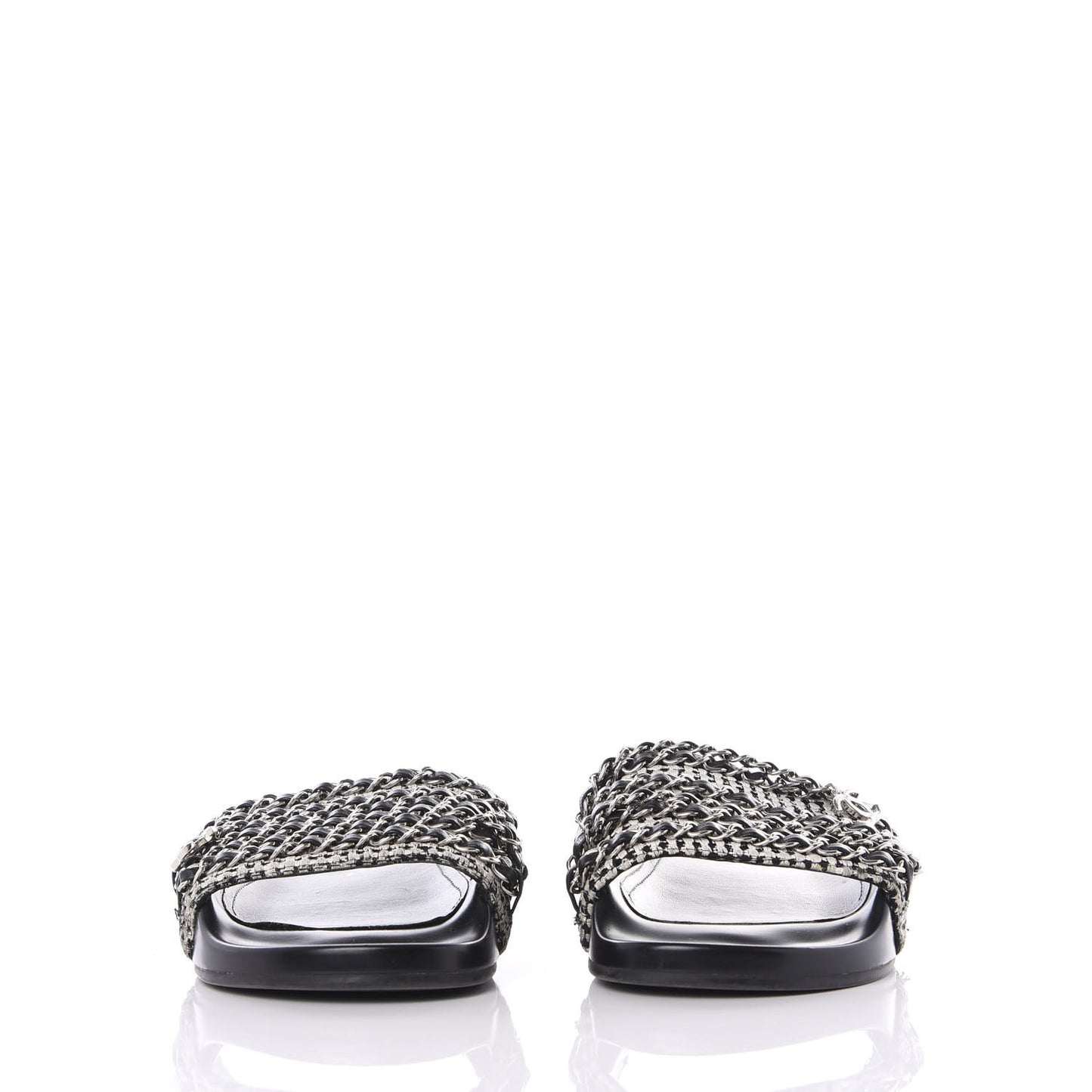 Tweed Lambskin Chain Flat Sandals 37 White Black