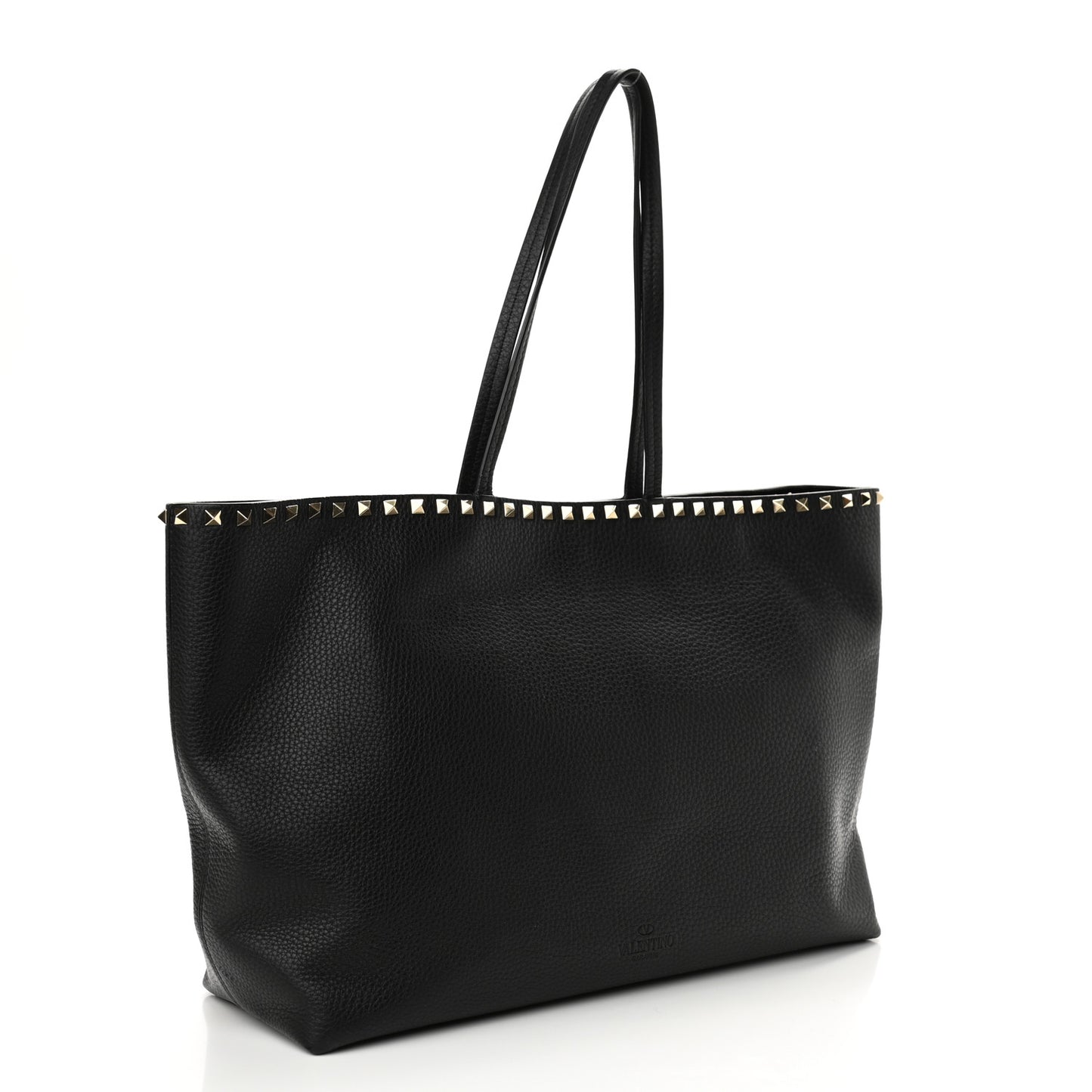 Grained Calfskin Rockstud Shoulder Tote Black