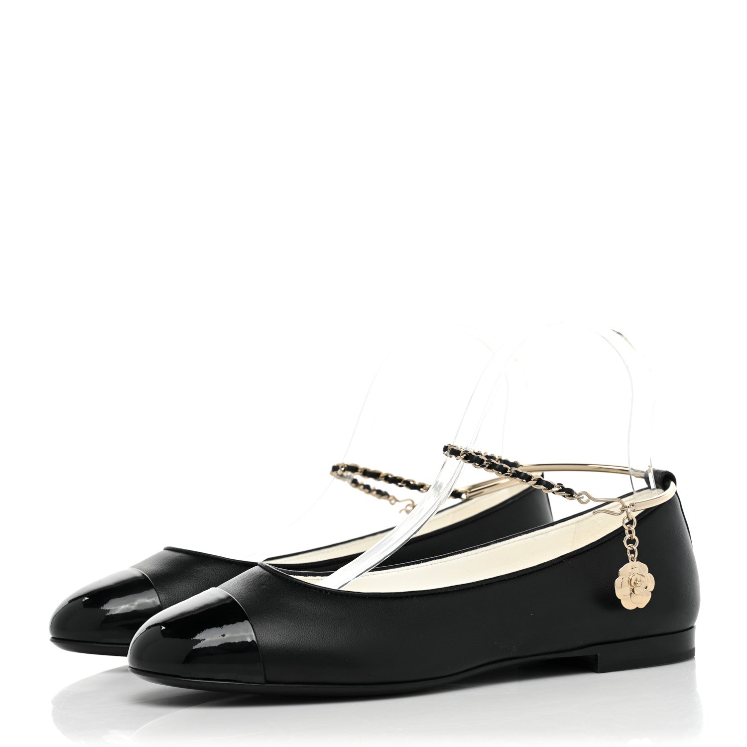 Chanel Lambskin Patent Calfskin Cap Toe Ankle Chain Ballerina Flats 37.5 Black 3 of 9