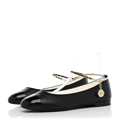 Chanel Lambskin Patent Calfskin Cap Toe Ankle Chain Ballerina Flats 37.5 Black 3 of 9
