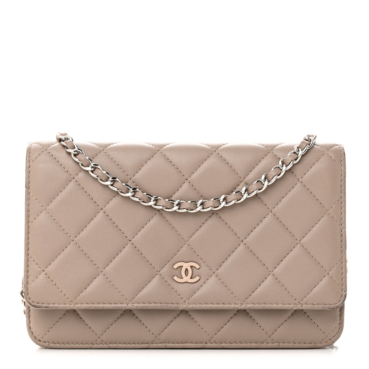 Lambskin Quilted Wallet On Chain WOC Taupe