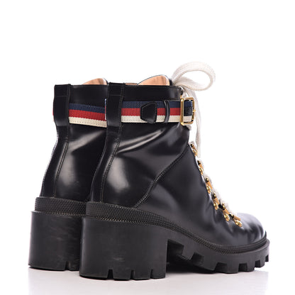 Gucci Calfskin Sylvie Web Lace Up Combat Boots 35 Black 4 of 11