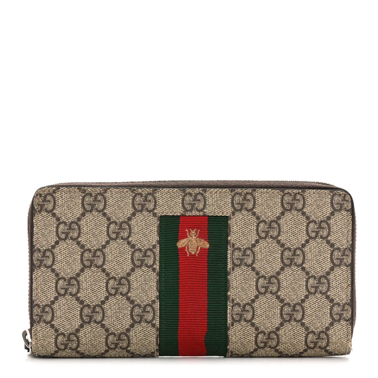 Gucci GG Supreme Monogram Web Bee Zip Around Wallet Beige Cocoa 1 of 10