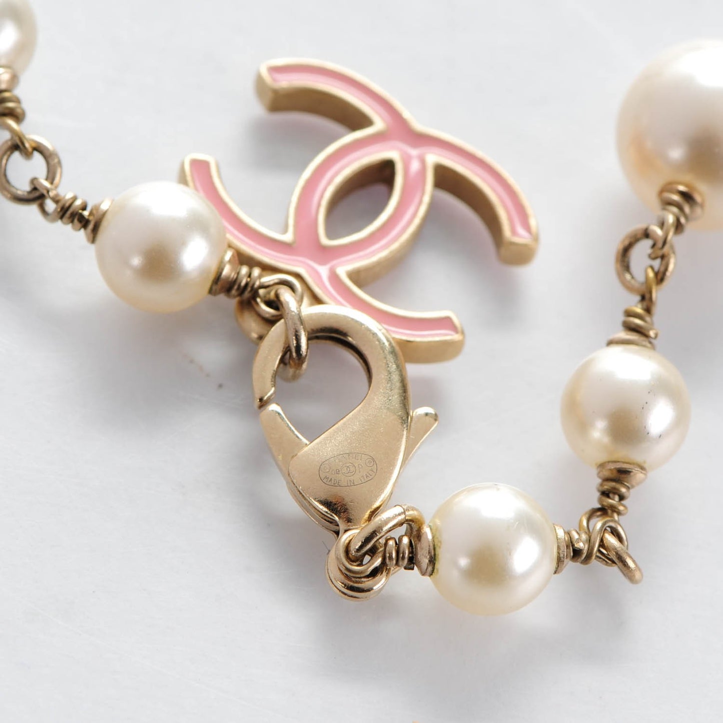 Pearl Enamel Silk CC Long Necklace Pink Gold