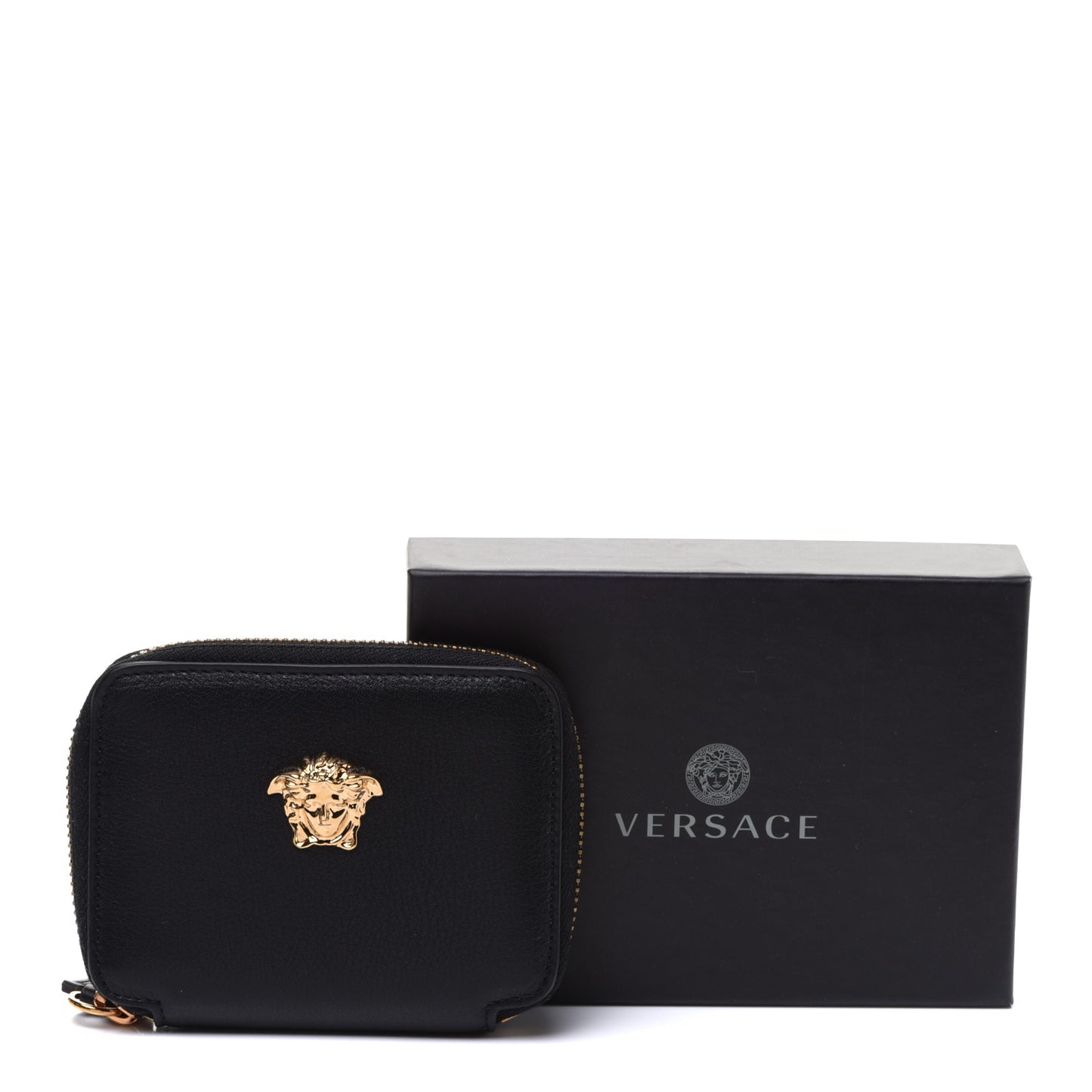 Calfskin Medusa Compact Zip Around Wallet Black