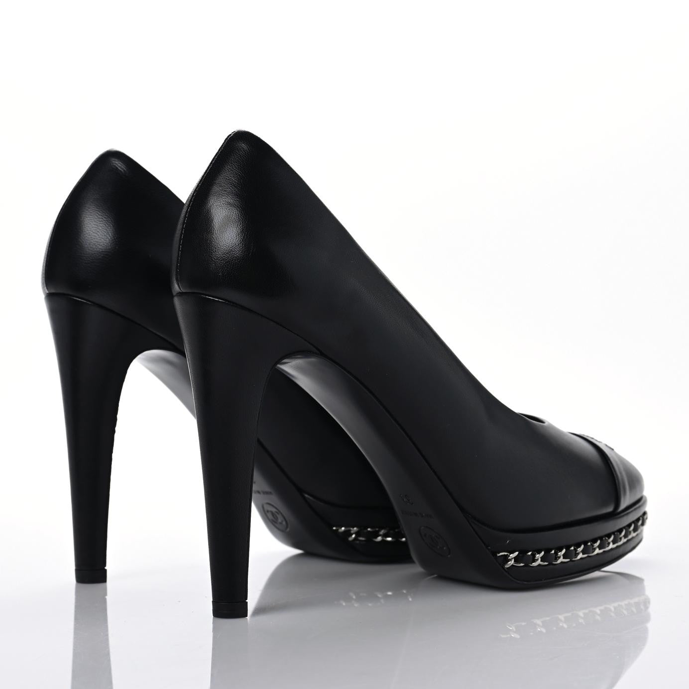 Calfskin Patent CC Cap Toe Platform Chain Pumps 38 Black