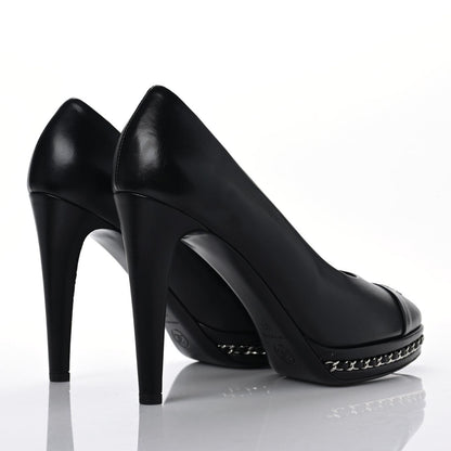 Chanel Calfskin Patent CC Cap Toe Platform Chain Pumps 38 Black 3 of 9