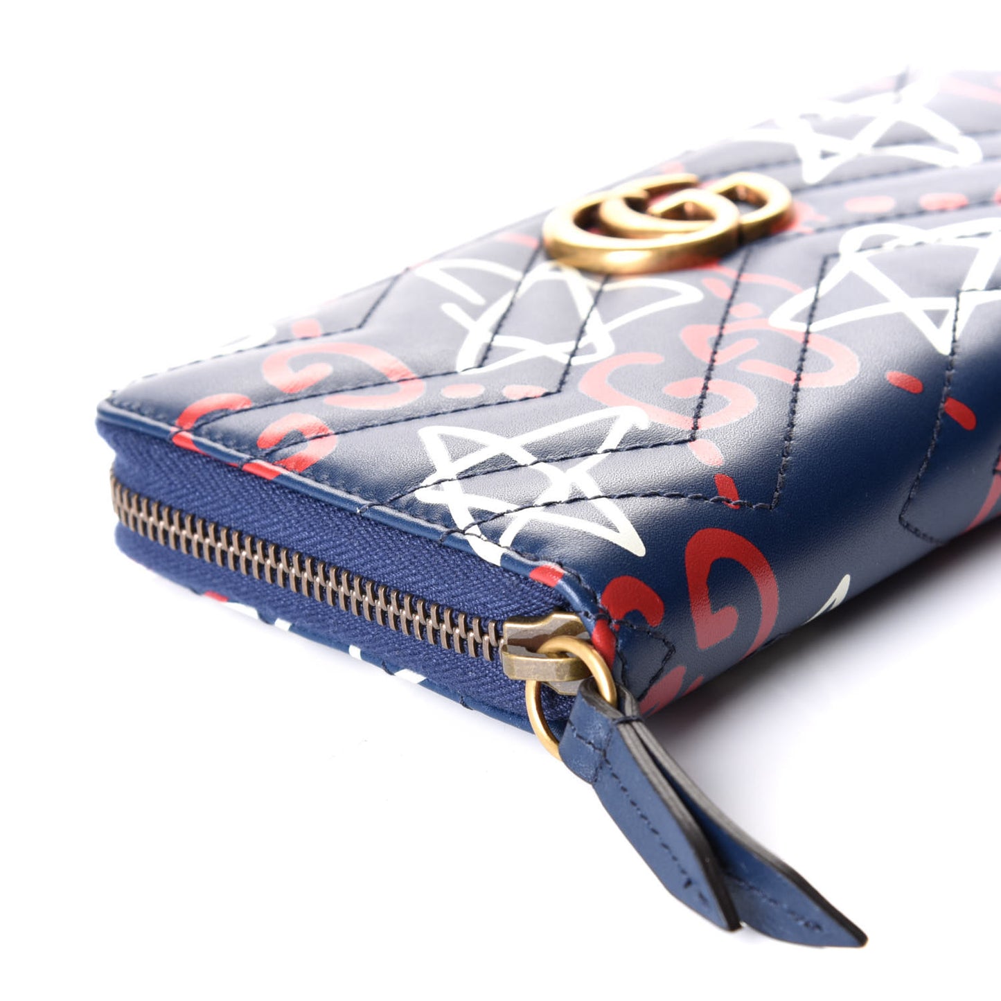 Calfskin Matelasse GucciGhost GG Marmont Zip Around Wallet Blue Agata Hibiscus Red