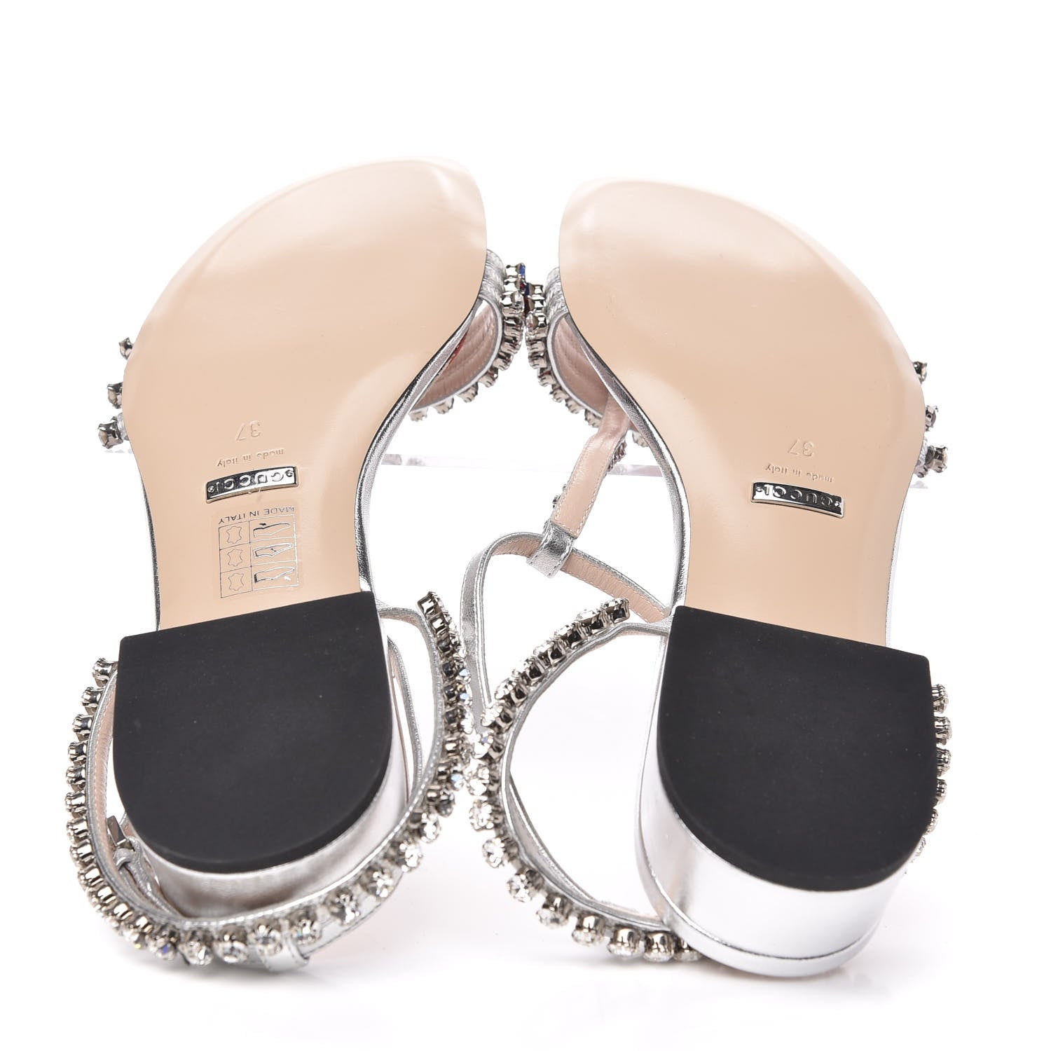 Gucci Nappa Silk Crystal Bertie T-Strap Low Heel Sandals 37 Argento 5 of 8