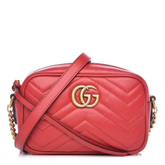 Calfskin Matelasse Mini GG Marmont Chain Shoulder Bag Hibiscus Red