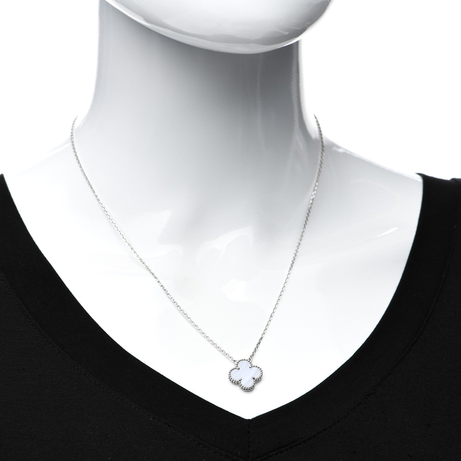 Van Cleef & Arpels 18K White Gold Chalcedony Vintage Alhambra Pendant Necklace 2 of 6