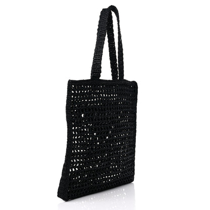 Prada Yarn Raffia Effect Crochet Logo Embroidered Tote Bag Black 3 of 8