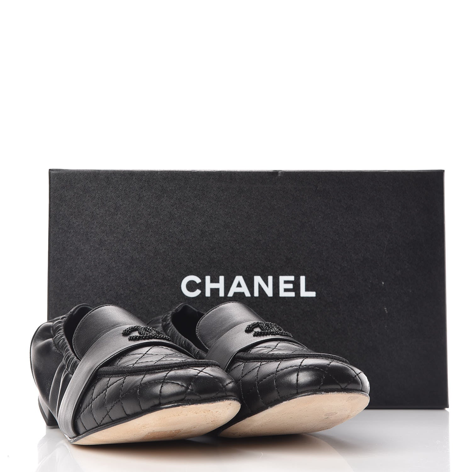 Chanel Laminated Lambskin Womens Quilted Elastic CC Moccasin Loafers 37.5 Black 12 of 12