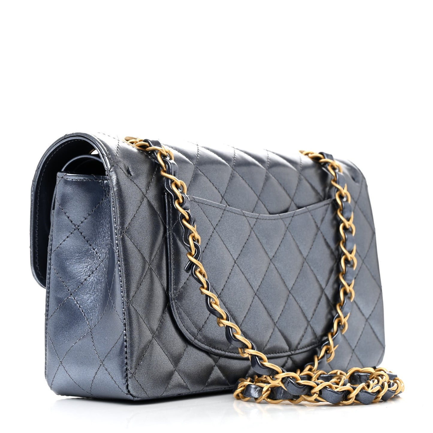 Metallic Lambskin Quilted Small Double Flap Dark Blue
