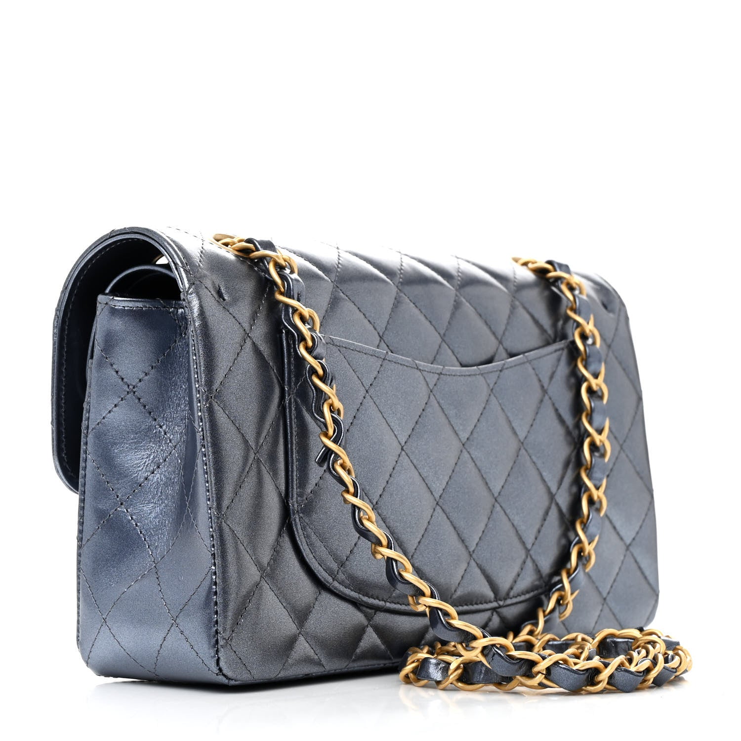 Chanel Metallic Lambskin Quilted Small Double Flap Dark Blue 3 of 12