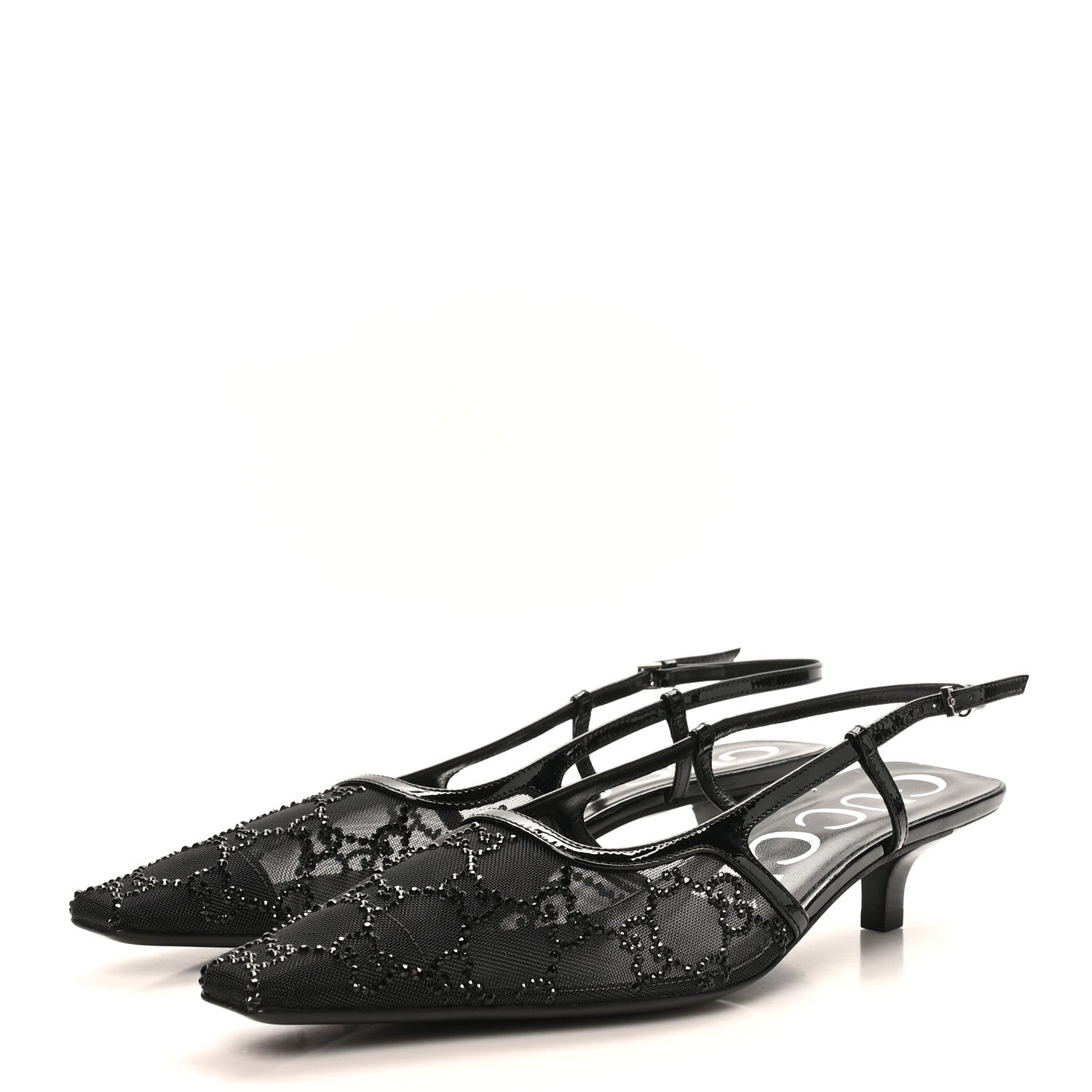 Gucci Tela Retino Kid Scamosciato Crystal GG Monogram Square G 35mm Slingback Pumps 38.5 Black 4 of 8