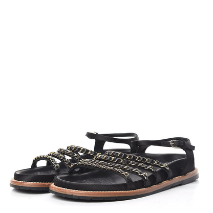 Chanel Satin Lambskin Chain Flat Sandals 37.5 Black 3 of 8