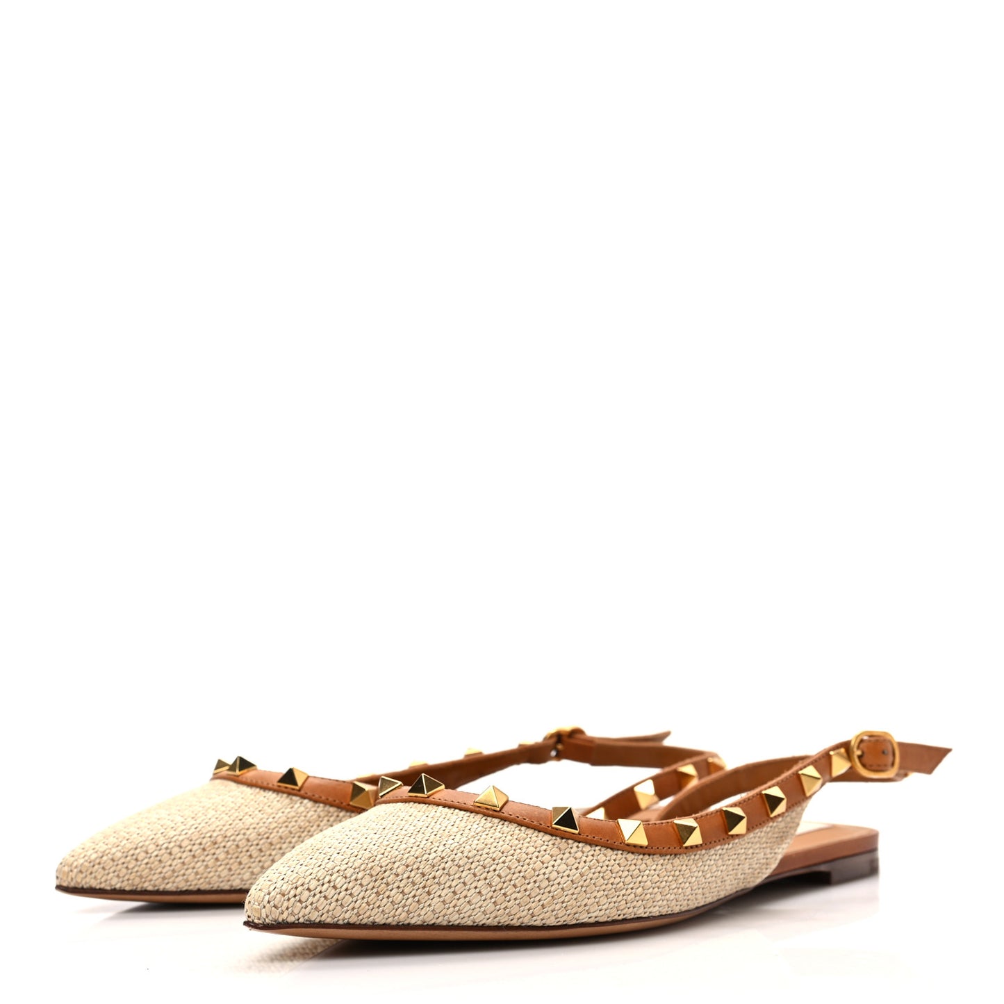 Raffia Calfskin Rockstud Slingback Flats 37 Naturale