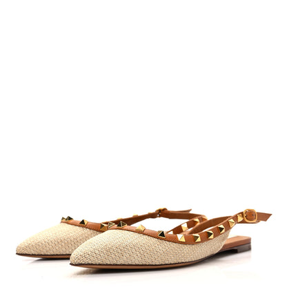 Valentino Garavani Raffia Calfskin Rockstud Slingback Flats 37 Naturale 3 of 8