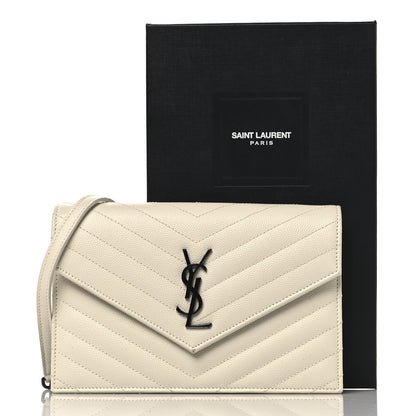 Saint Laurent Grain De Poudre Matelasse Chevron Monogram Envelope Chain Wallet Dove White 11 of 11