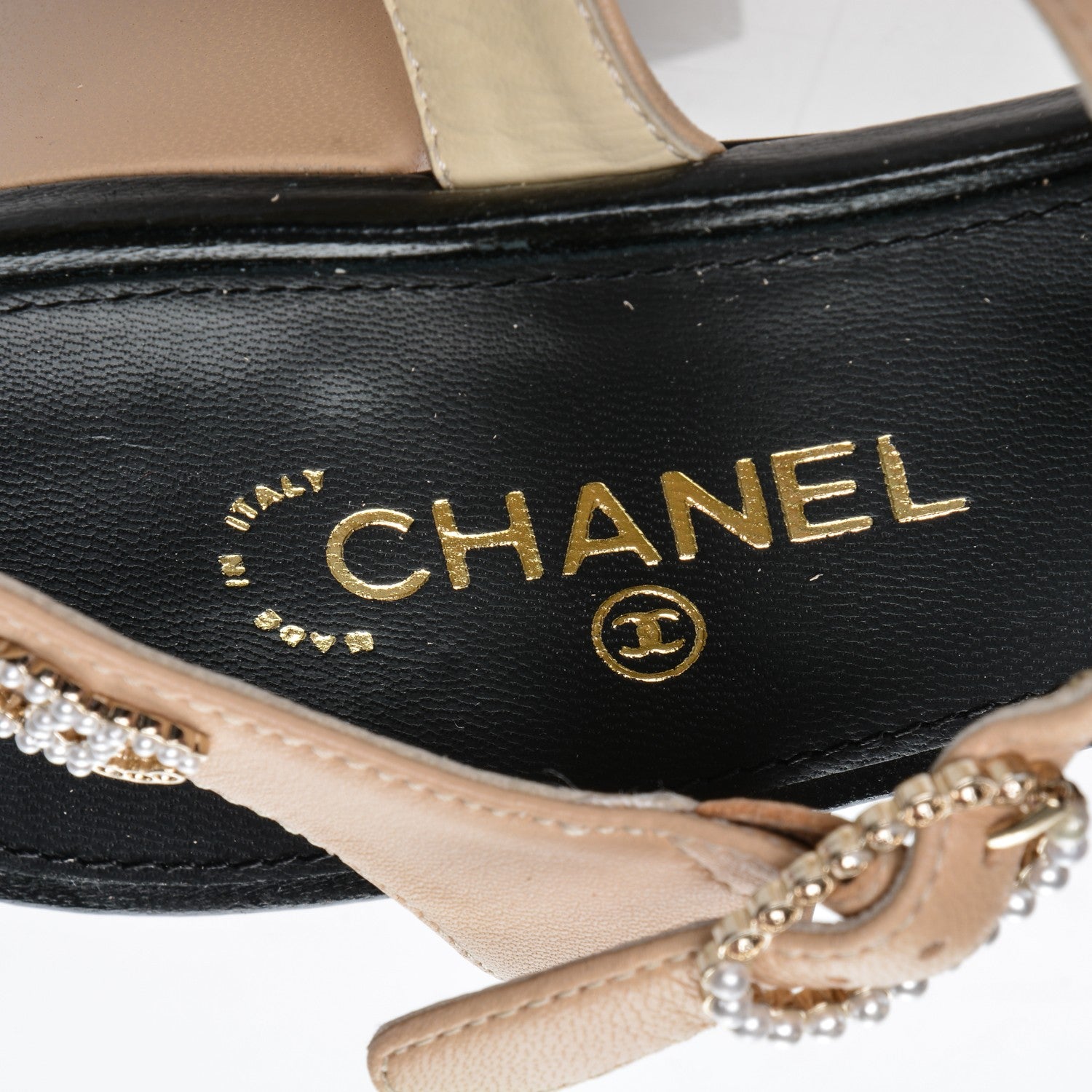 Chanel Lambskin Pearl Sandals 37 Beige Black 7 of 8