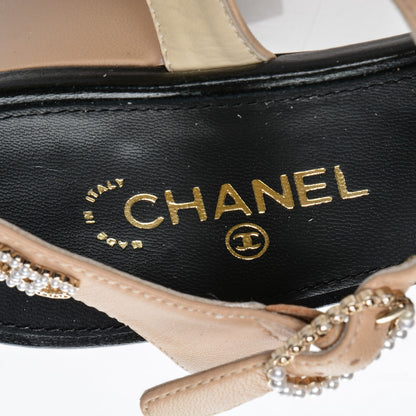 Chanel Lambskin Pearl Sandals 37 Beige Black 7 of 8