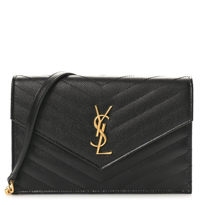 Saint Laurent Grain De Poudre Matelasse Chevron Monogram Envelope Chain Wallet Black 1 of 10