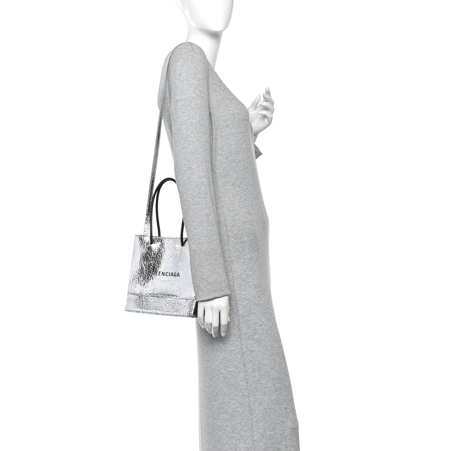 Crackled Mirror Calfskin Logo North South Shopper Tote XXS Silver