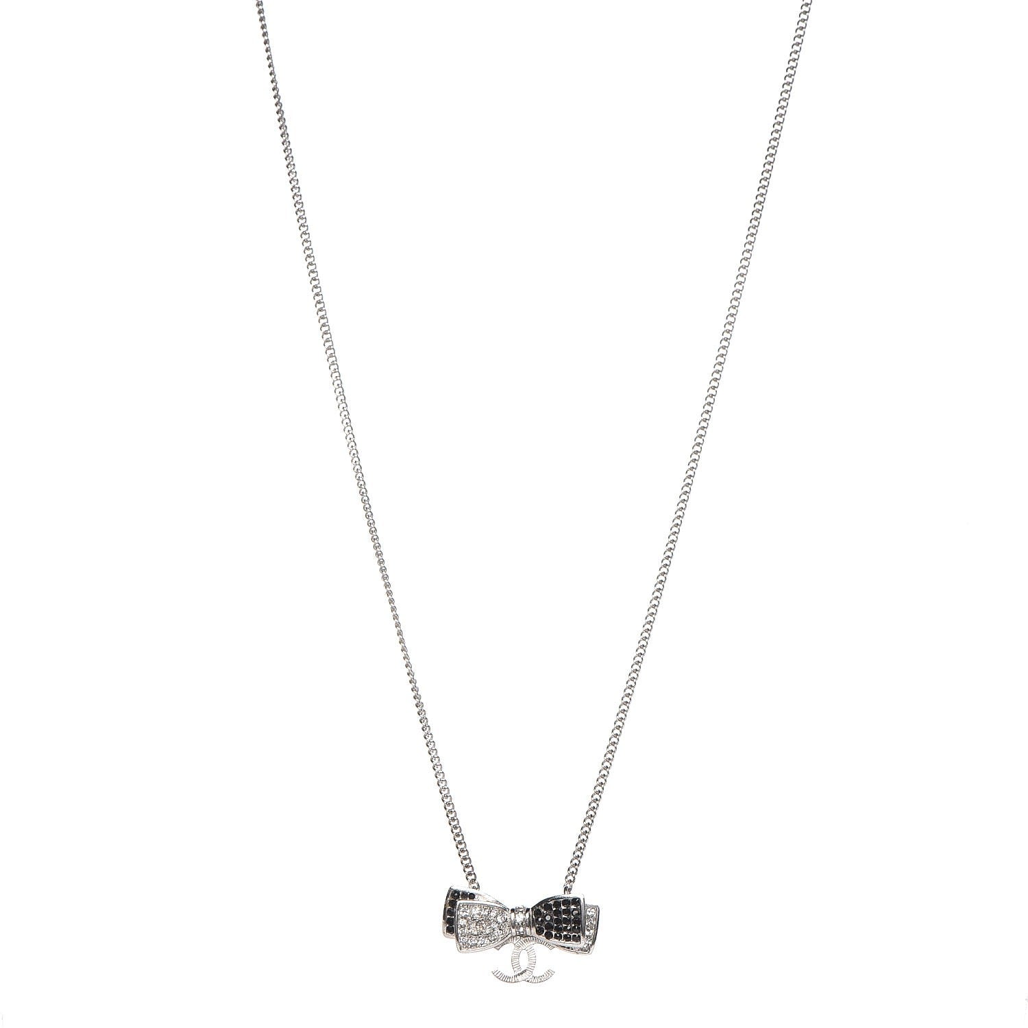 Chanel Crystal CC Bow Necklace Silver Black 1 of 5