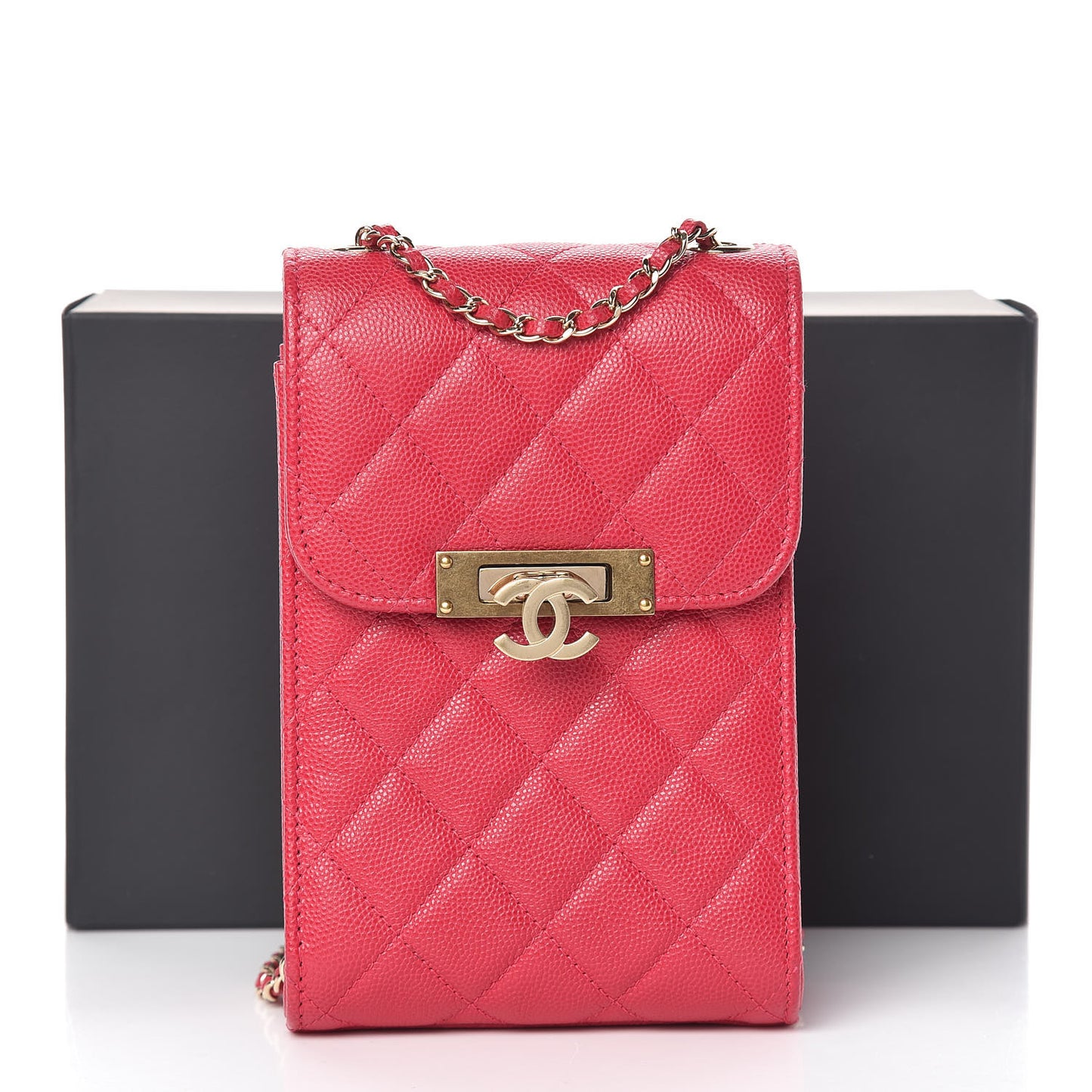 Caviar Quilted Golden Class Phone Holder Fuchsia