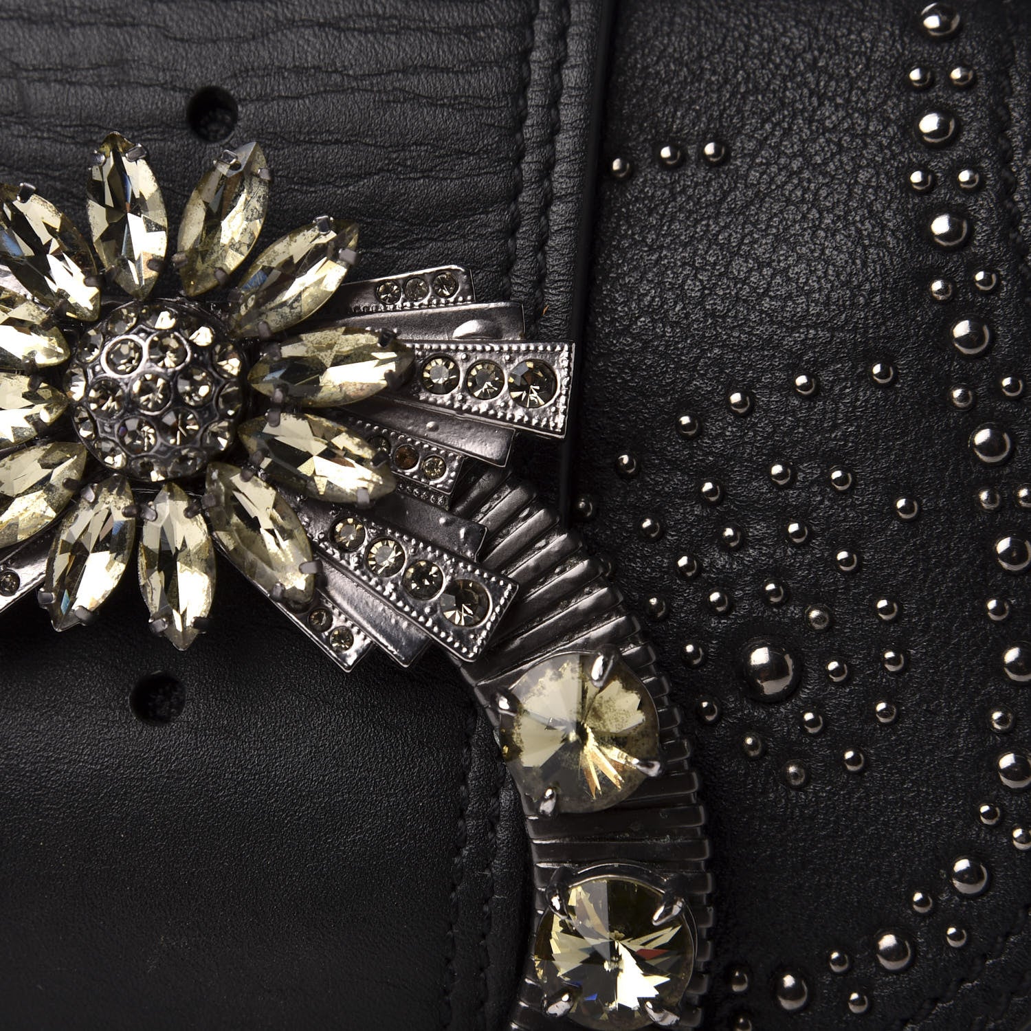Miu Miu Goatskin Madras Soft Calfskin Crystal Embellished Dahlia Shoulder Bag Black 13 of 16