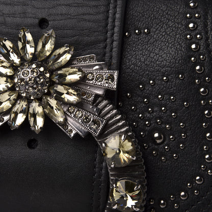 Miu Miu Goatskin Madras Soft Calfskin Crystal Embellished Dahlia Shoulder Bag Black 13 of 16