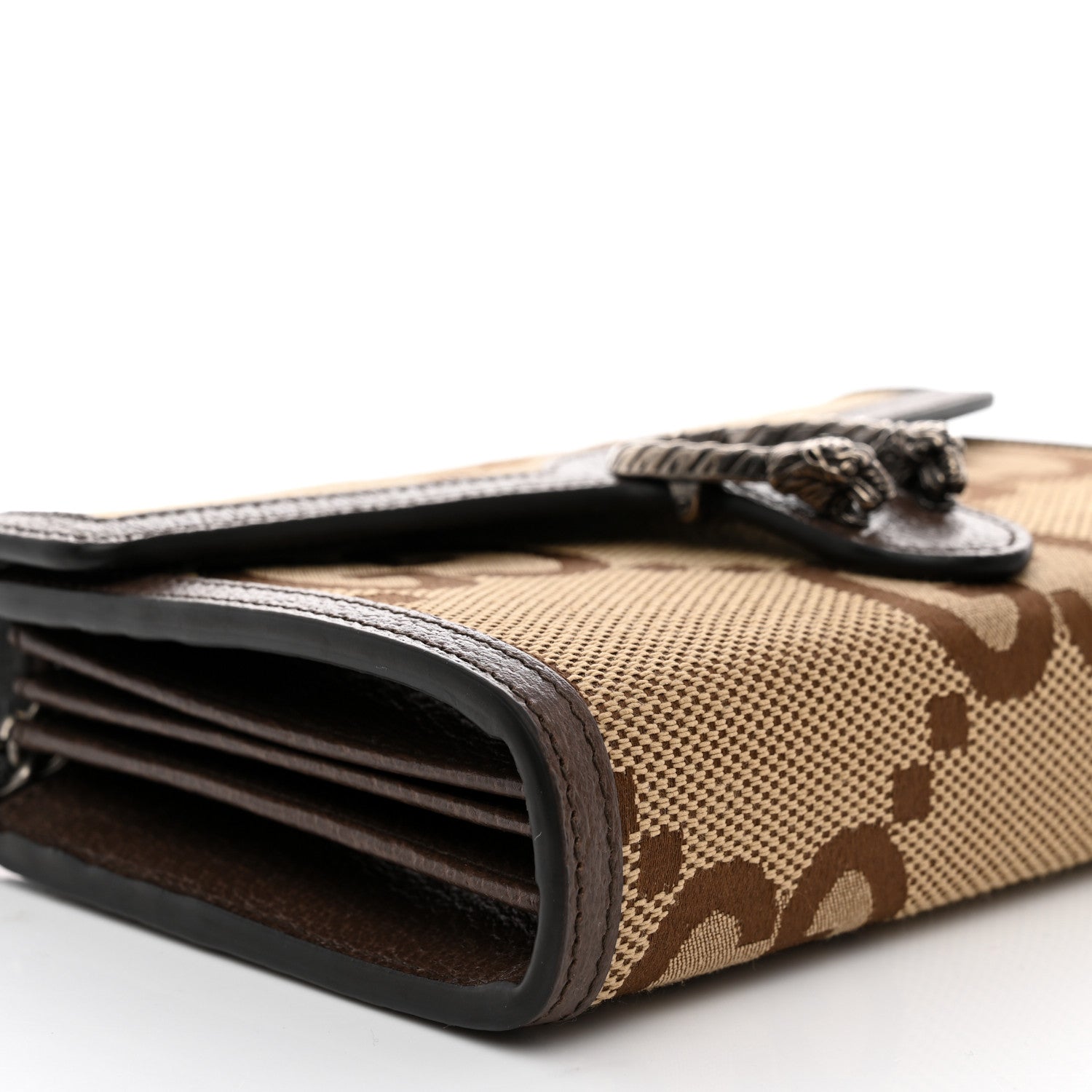 Gucci Monogram Jumbo GG Textured Dollar Calfskin Mini Dionysus Chain Wallet Camel Ebony New Acero 8 of 10