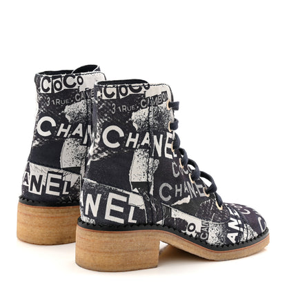 Chanel Suede Calfskin Printed CC 31 Rue Cambon Lace Up Combat Boots 36 White Navy 4 of 9