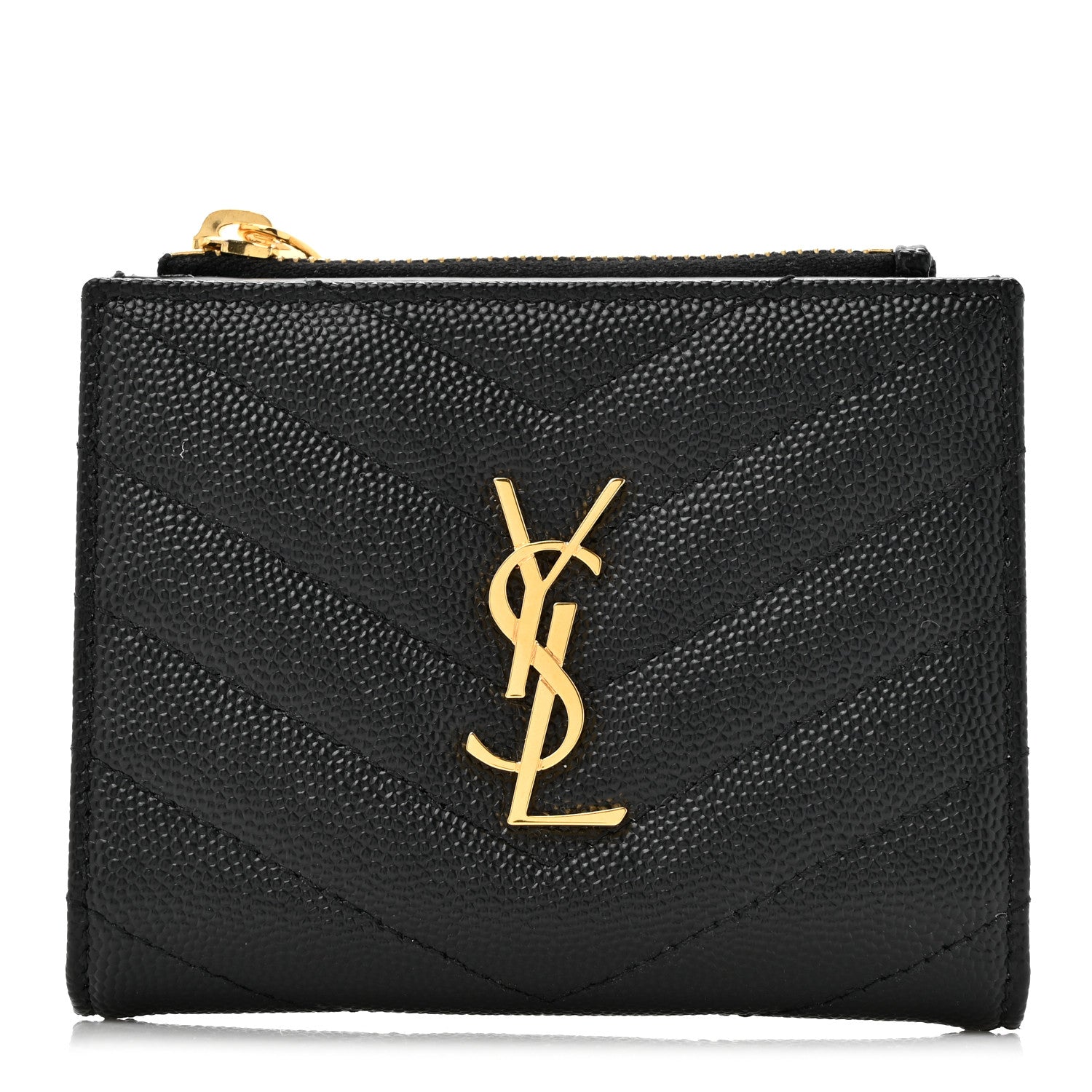 Saint Laurent Grain De Poudre Matelasse Chevron Monogram Compact Wallet Black 1 of 9