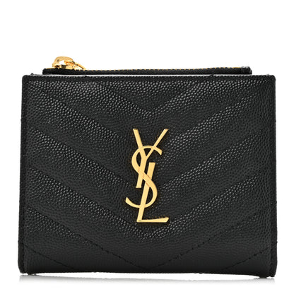 Saint Laurent Grain De Poudre Matelasse Chevron Monogram Compact Wallet Black 1 of 9