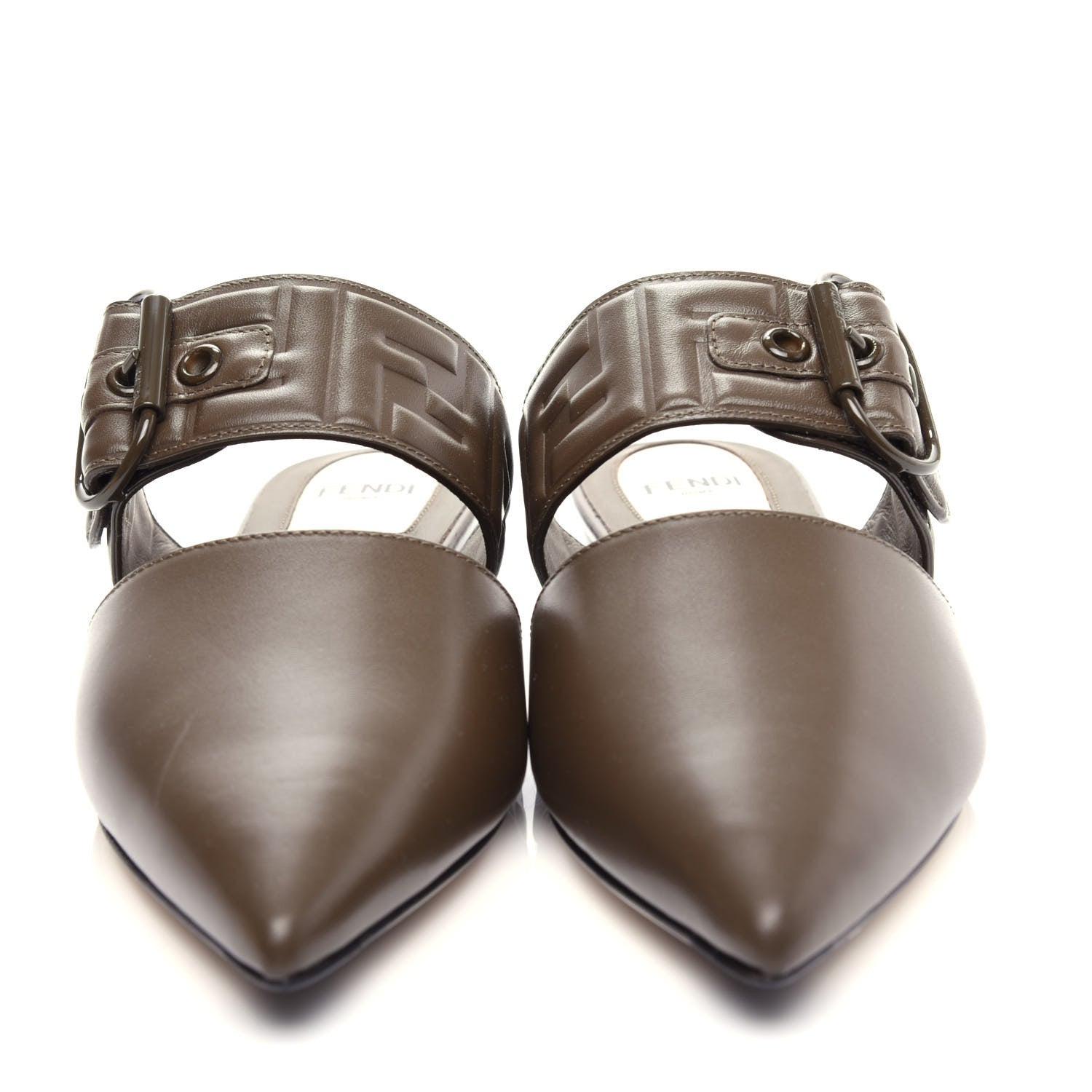 Fendi Vitello FF Embossed Buckle Flat Mules 36 Wood 5 of 11