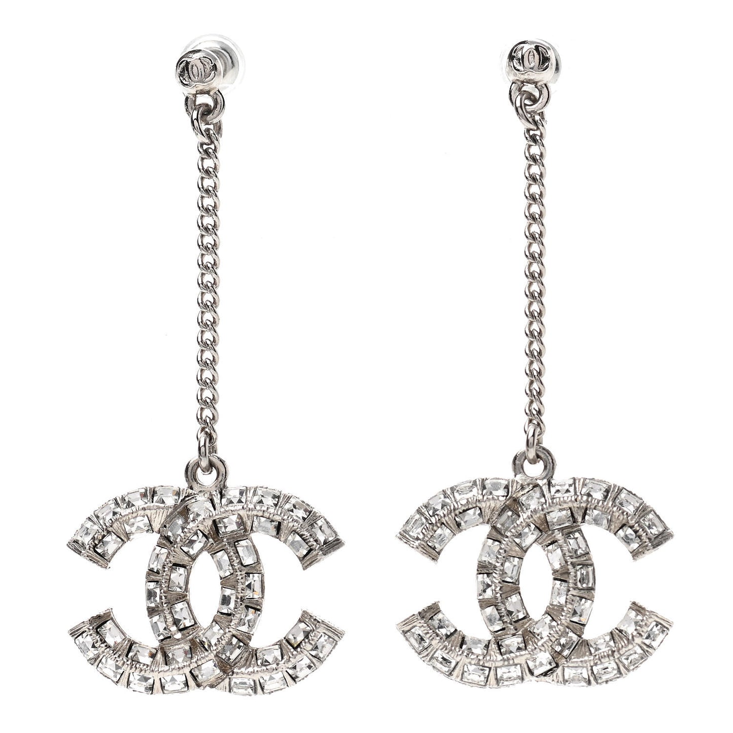 Baguette Crystal CC Drop Earrings Silver