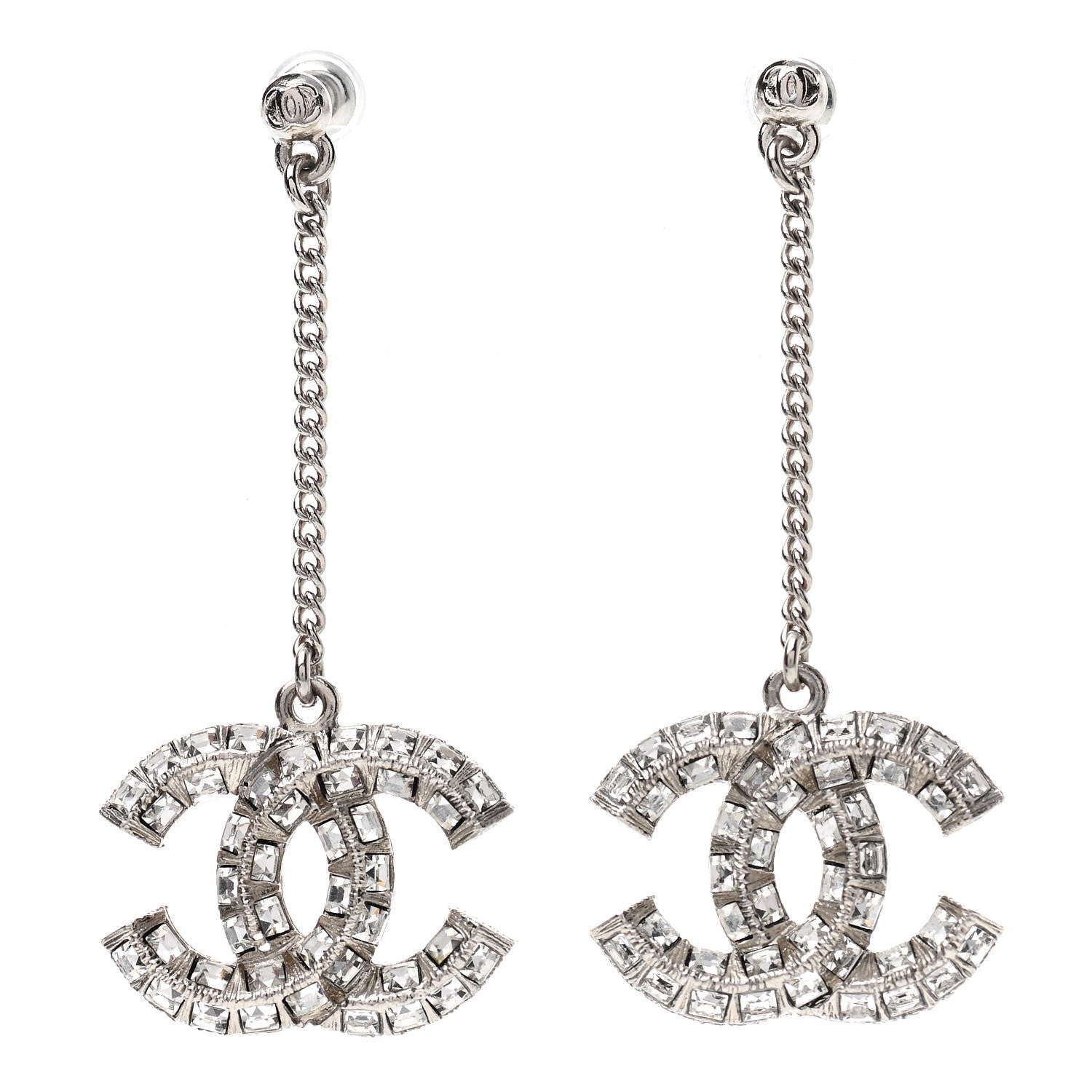Chanel Baguette Crystal CC Drop Earrings Silver 1 of 3