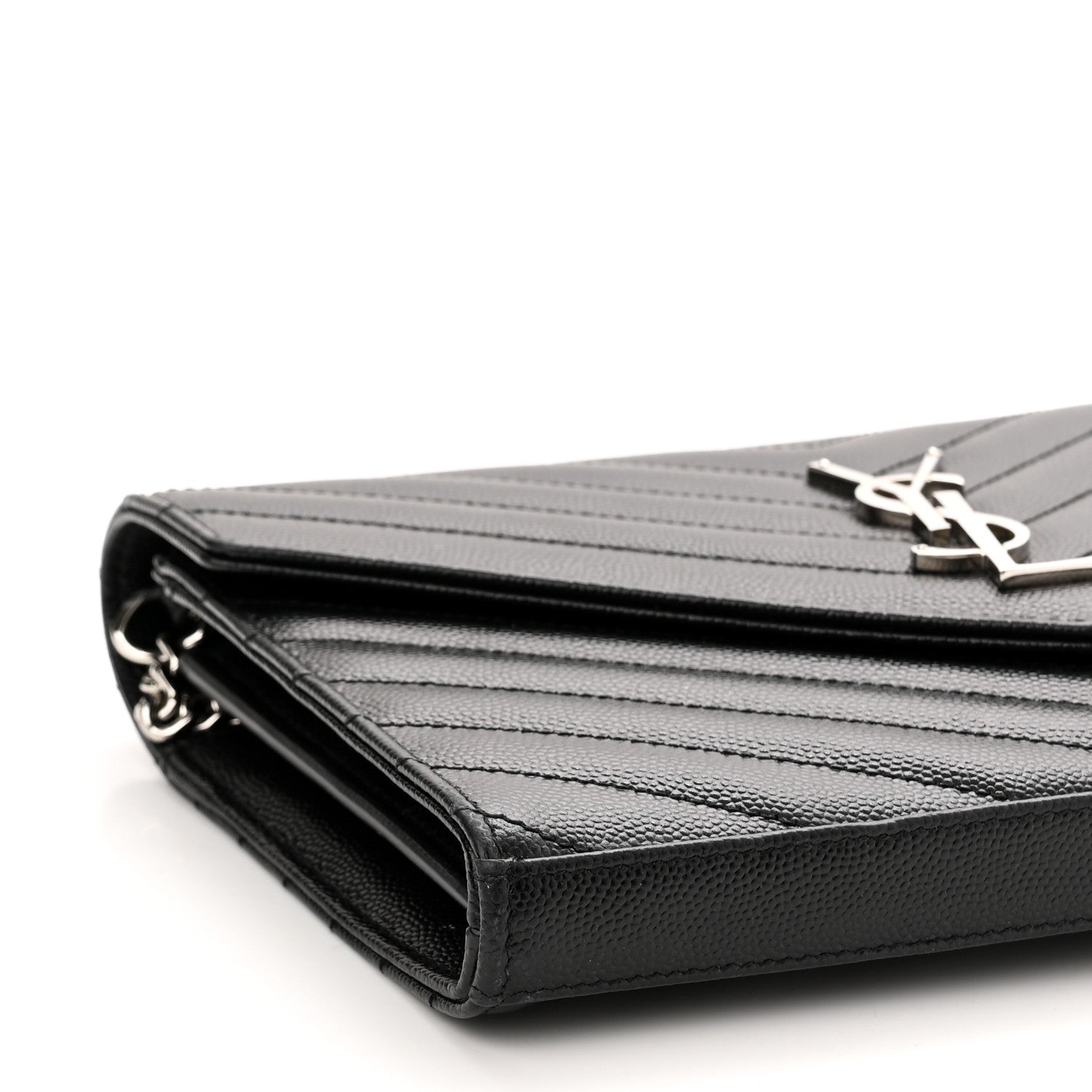 Saint Laurent Grain De Poudre Matelasse Chevron Monogram Chain Wallet Black 8 of 10