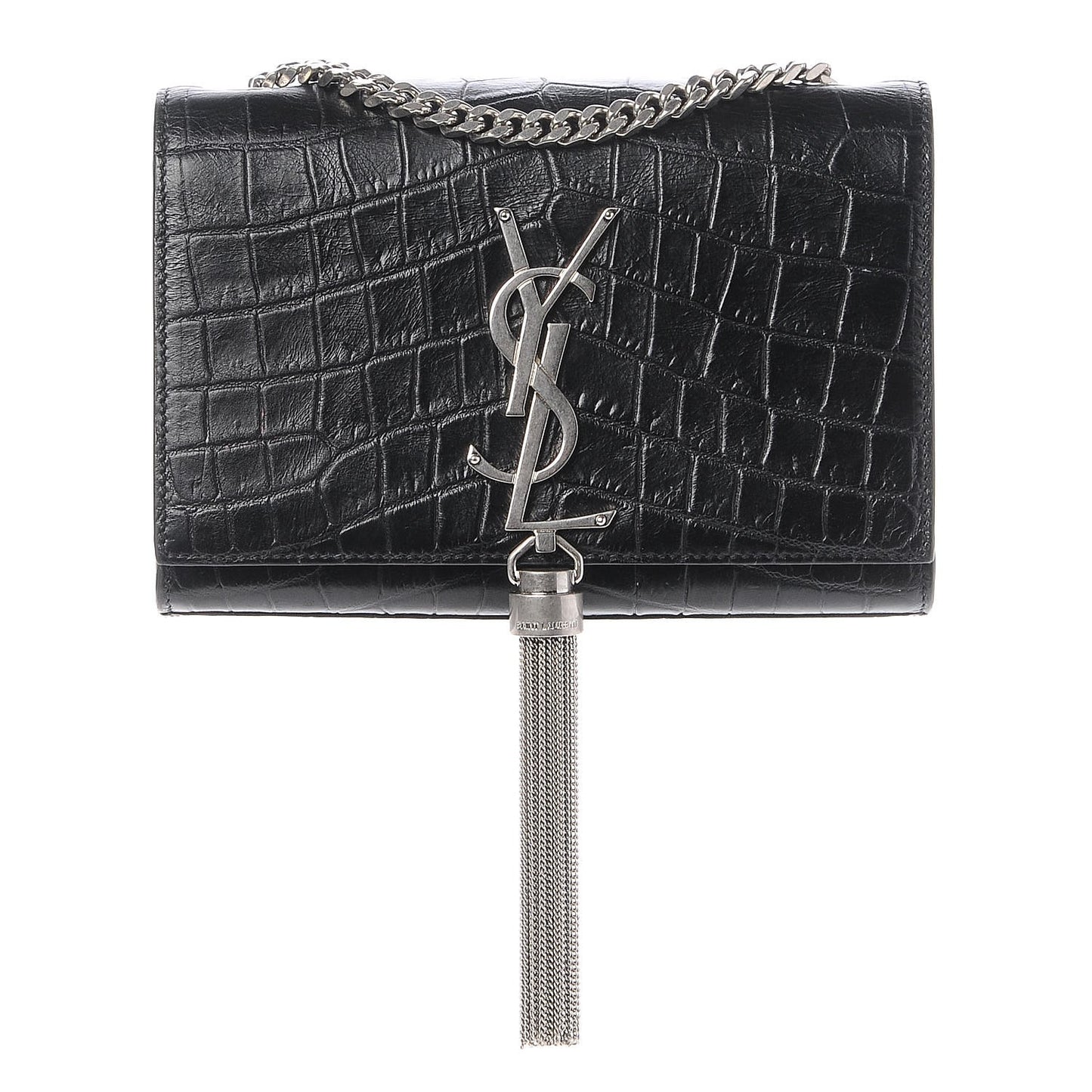 Calfskin Crocodile Embossed Small Classic Monogram Tassel Satchel Black