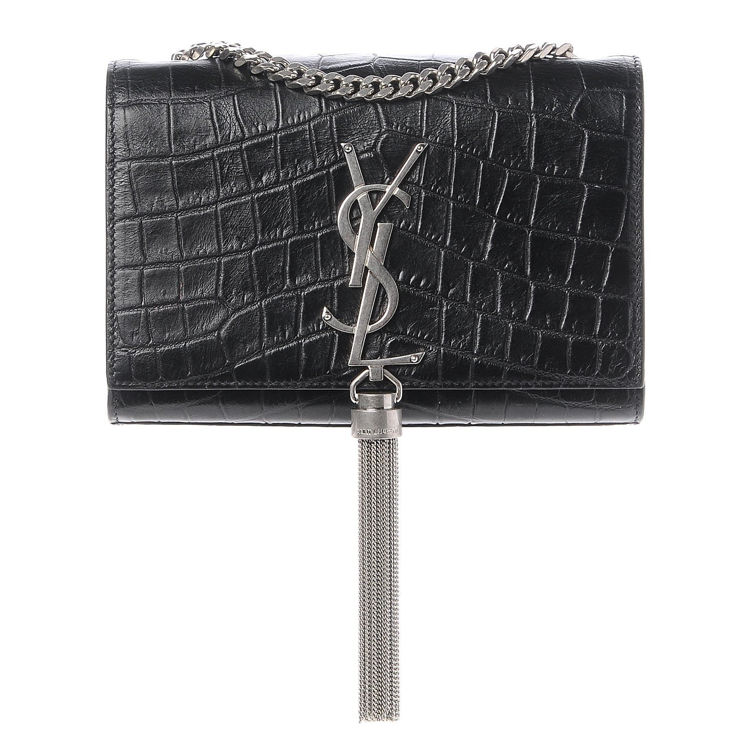 Saint Laurent Calfskin Crocodile Embossed Small Classic Monogram Tassel Satchel Black 1 of 6