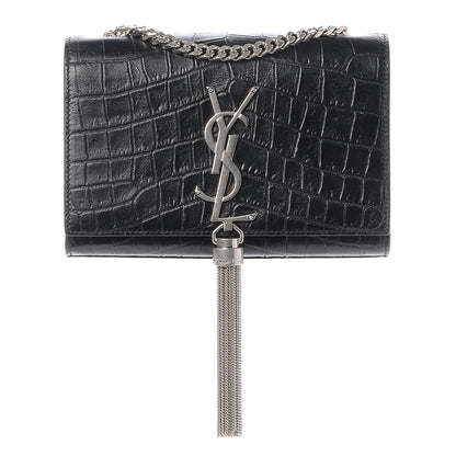 Saint Laurent Calfskin Crocodile Embossed Small Classic Monogram Tassel Satchel Black 1 of 6