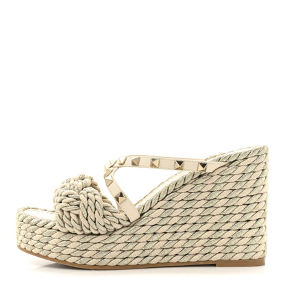 Valentino Garavani Calfskin Silk Rockstud Torchon Espadrille Wedge 25/95mm Slide Sandals 37 Light Ivory 1 of 12