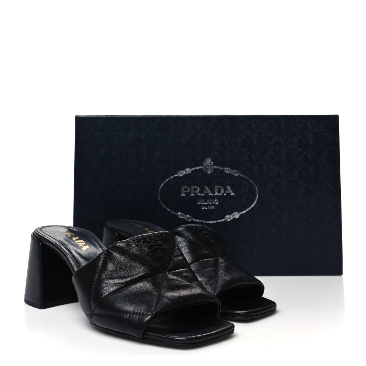 Nappa Logo Quilted 65mm Block Heel Slide Sandals 39 Black