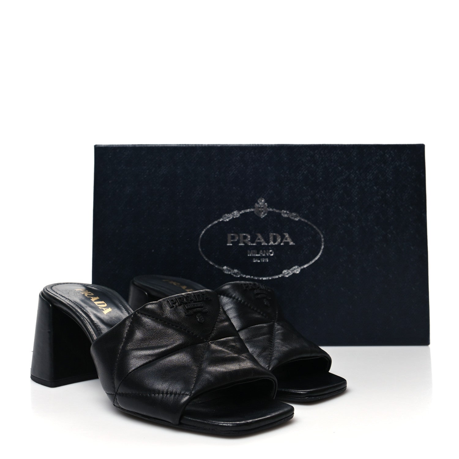 Prada Nappa Logo Quilted 65mm Block Heel Slide Sandals 39 Black 9 of 9