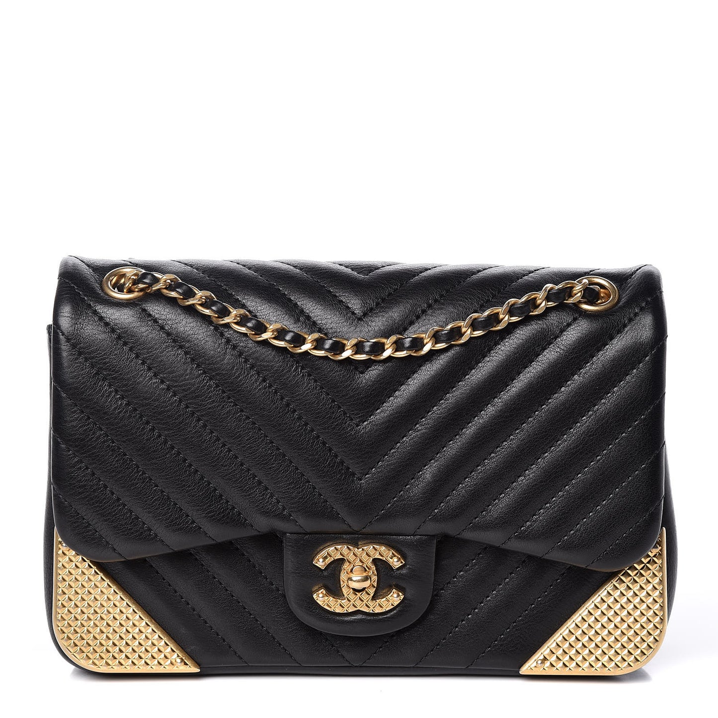 Calfskin Chevron Quilted Mini Rock The Corner Flap Black