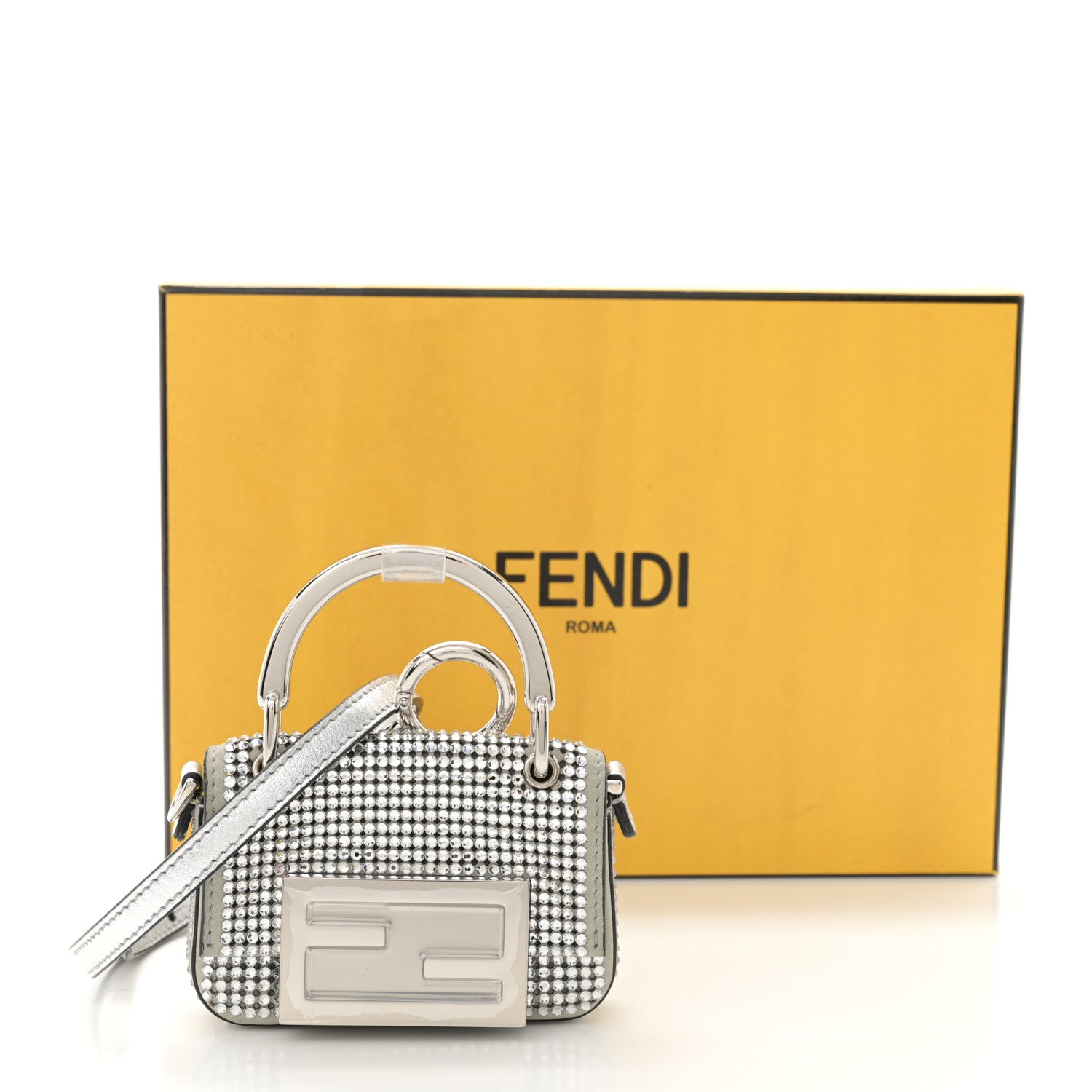 Fendi Nubuck Crystal Catalan Mirror Nano Maxi Buckle Baguette Charm Pietra Argento 11 of 11
