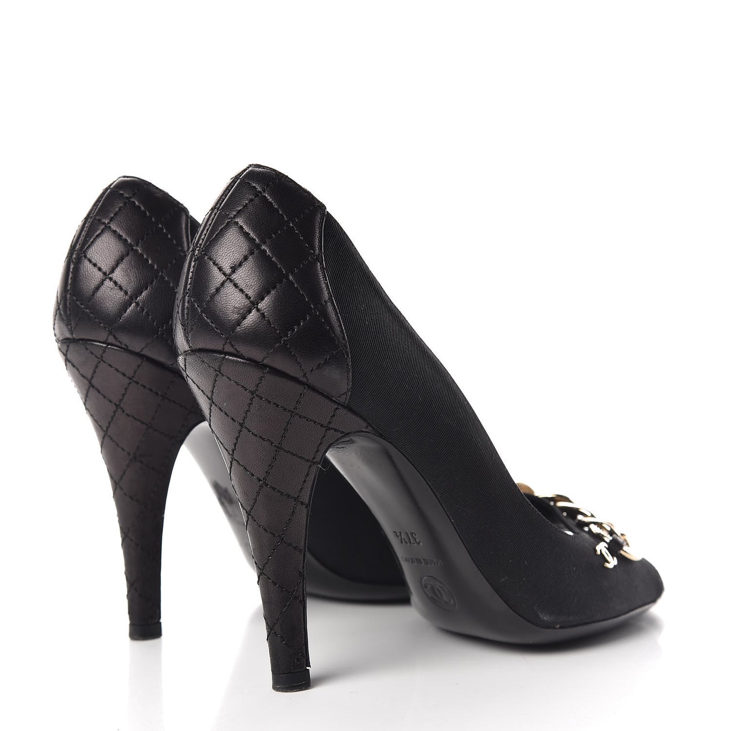 Nylon Lambskin Quilted Chain Peep Toe Pumps 37.5 Black